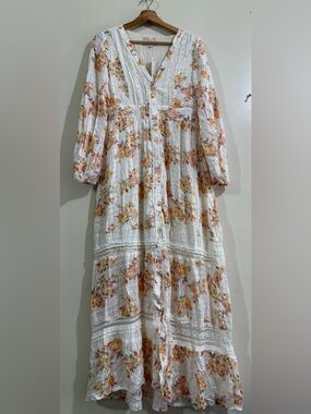 AUDREY PARKS White Floral Maxi Dress with Yellow & Pink Blooms